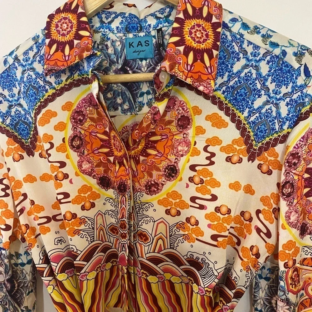 KAS Designs Multicolor Abstract Print Tie Waist Satin Shirt Dress - Picture 4 of 6